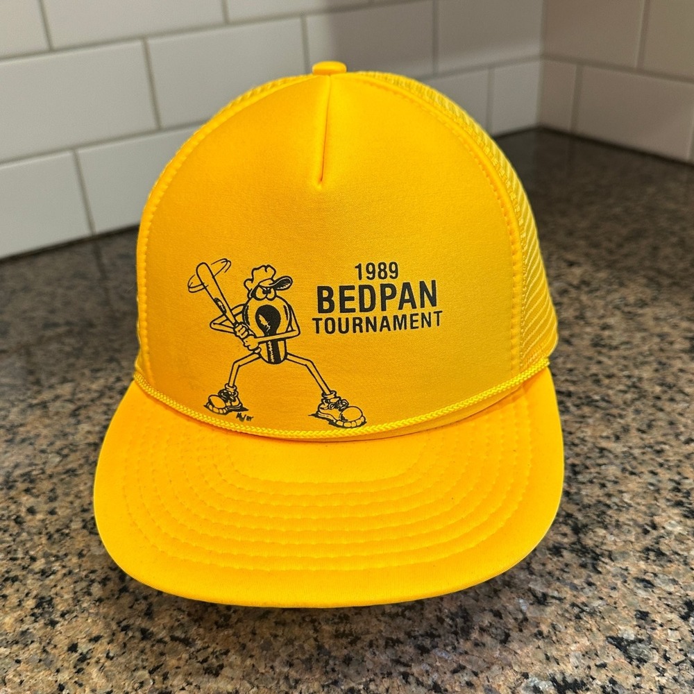 Vtg 1989 Bedpan Baseball Tournament Nissin Trucker Hat Mesh Cap Yellow